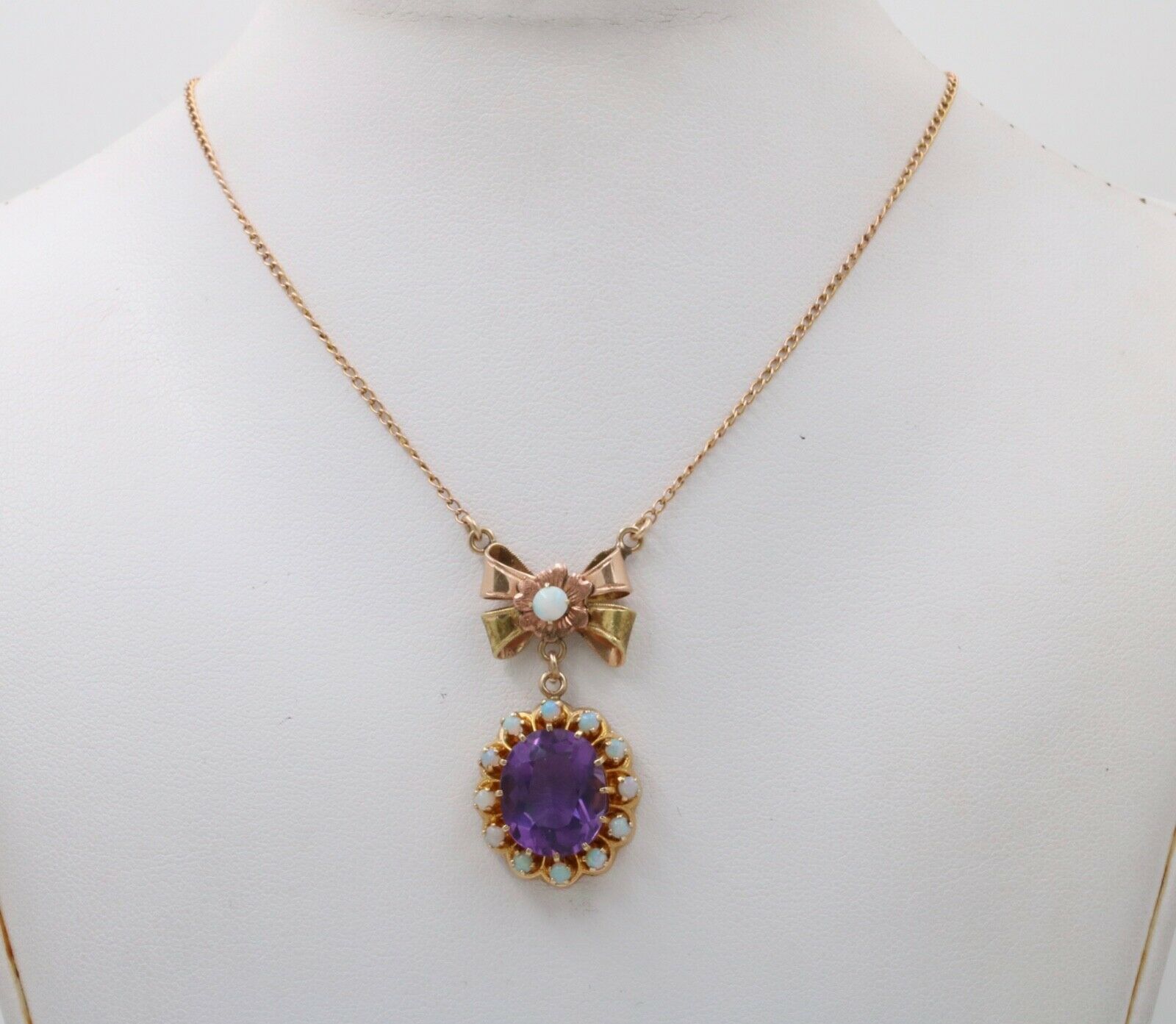 Vintage Bow Amethyst Opals 10K Yellow Gold Pendant and Chain