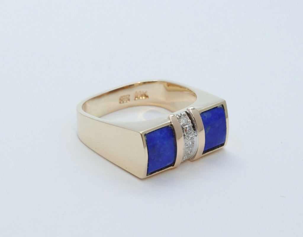 Cool Unisex Geometric Lapis Lazuli Diamonds 14K Yellow Gold Ring