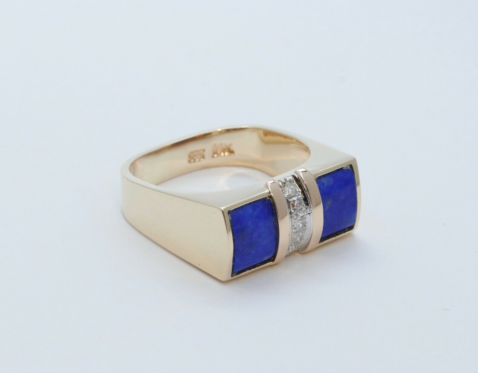 Cool Unisex Geometric Lapis Lazuli Diamonds 14K Yellow Gold Ring