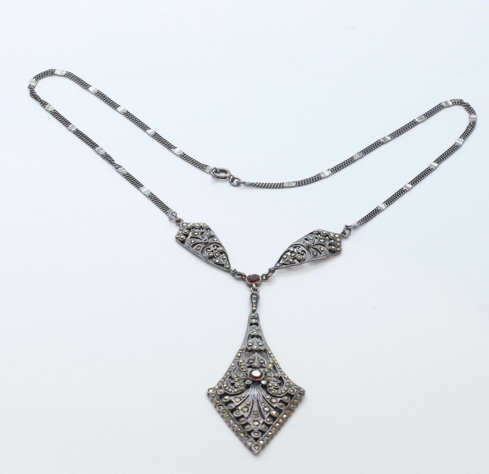 Vintage Marcasite Garnets 925 Sterling Silver Necklace Pendant