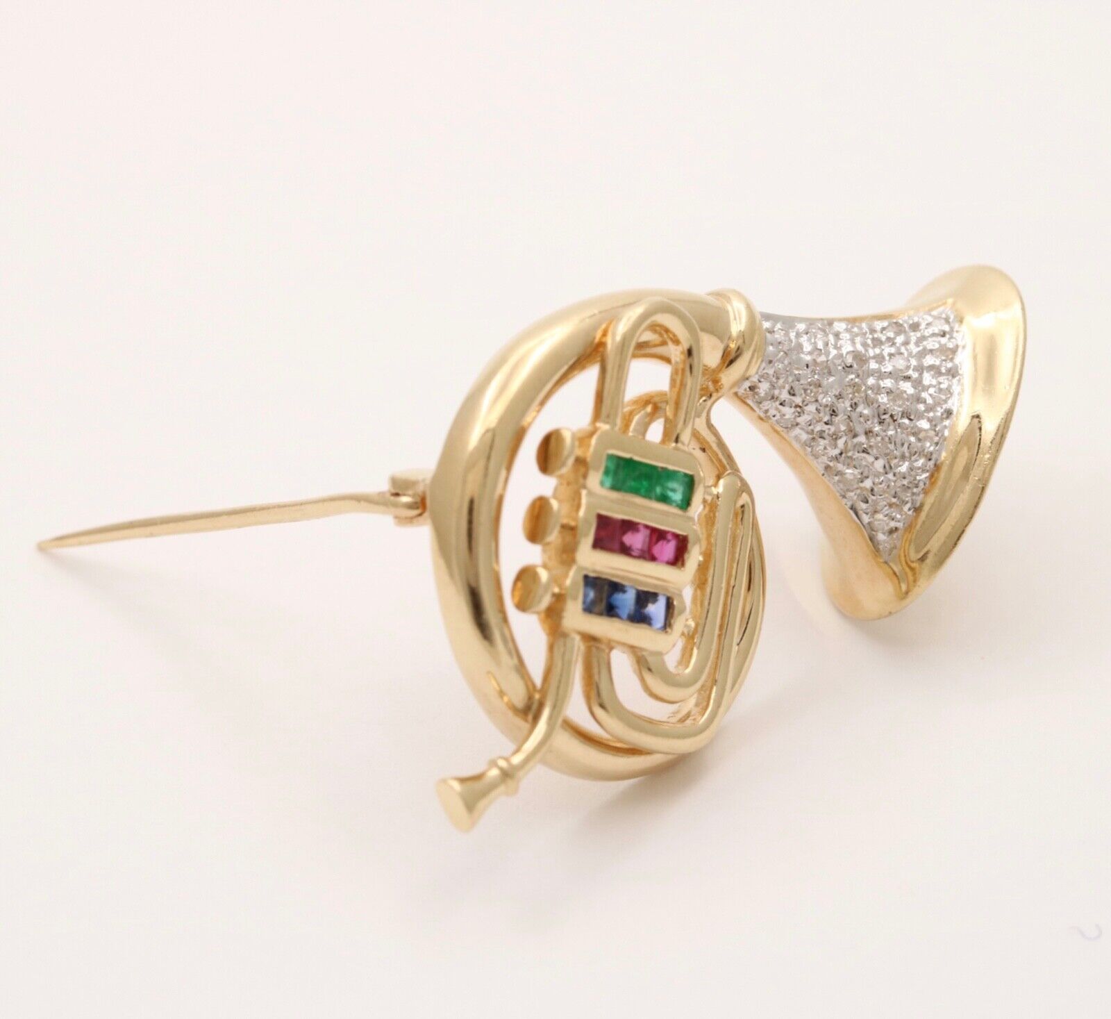 Vintage 14K Gold Diamond, Sapphire, Ruby and Emerald French Horn Pin Brooch