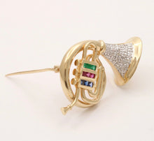 Load image into Gallery viewer, Vintage 14K Gold Diamond, Sapphire, Ruby and Emerald French Horn Pin Brooch
