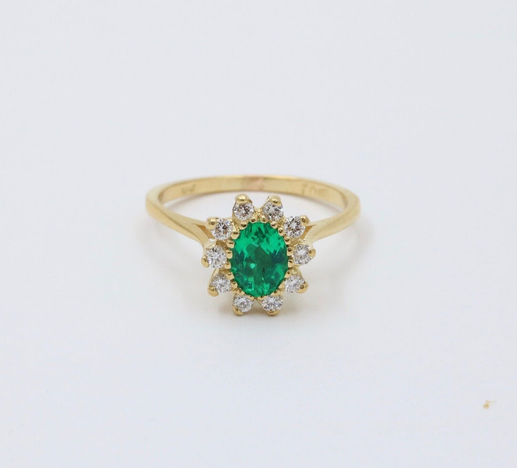 Vintage 18K Gold Emerald Diamond Halo Ring, Engagement Band