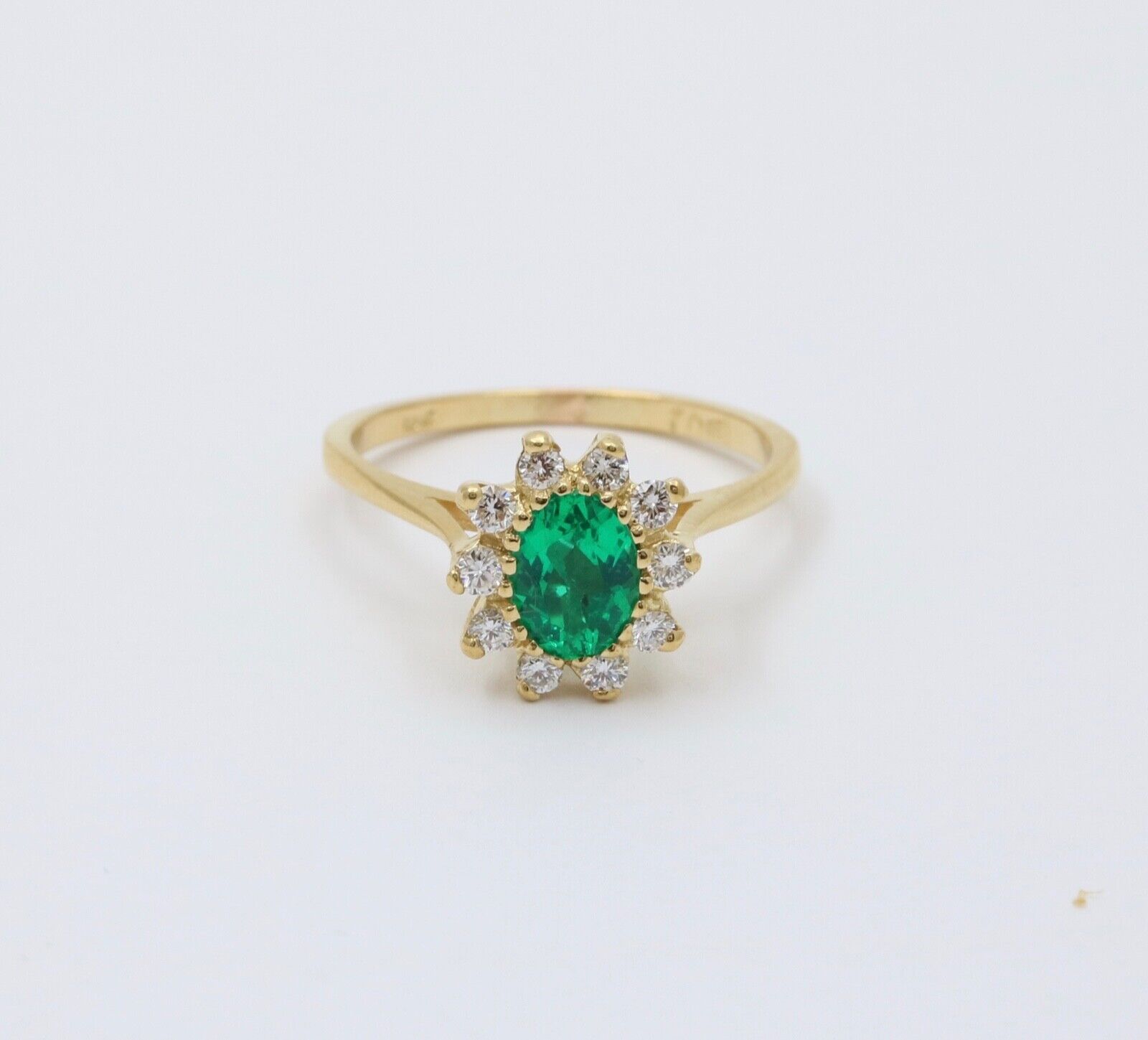 Vintage 18K Gold Emerald Diamond Halo Ring, Engagement Band