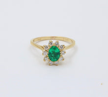 Load image into Gallery viewer, Vintage 18K Gold Emerald Diamond Halo Ring, Engagement Band
