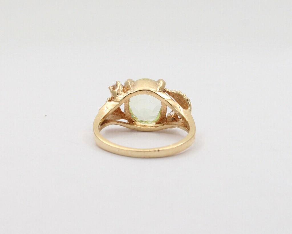 Vintage Leaf motif Man Made Lime yellow cushion cut stone and Diamond Gold Ring