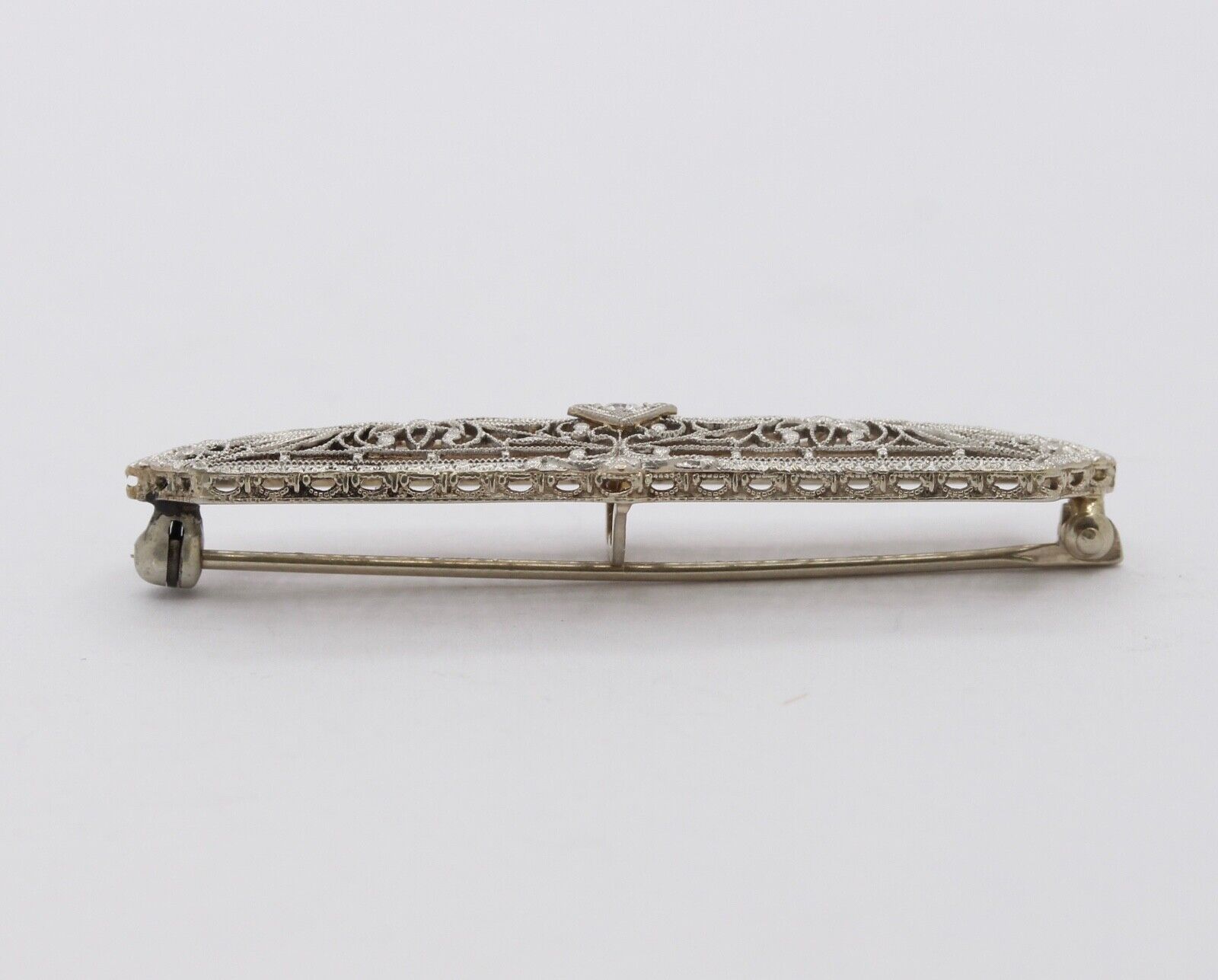 Art Deco 14K White Gold Diamond Bar Pin Brooch