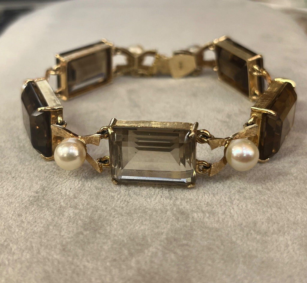 Vintage 14K Yellow Gold Smoky Topaz & Pearl Bracelet