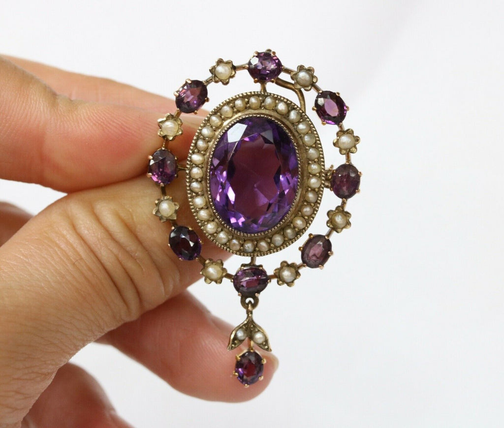 Victorian Amethyst Seed Pearl Milgrain 9 Carat Brooch Pendant