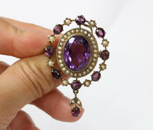 Load image into Gallery viewer, Victorian Amethyst Seed Pearl Milgrain 9 Carat Brooch Pendant
