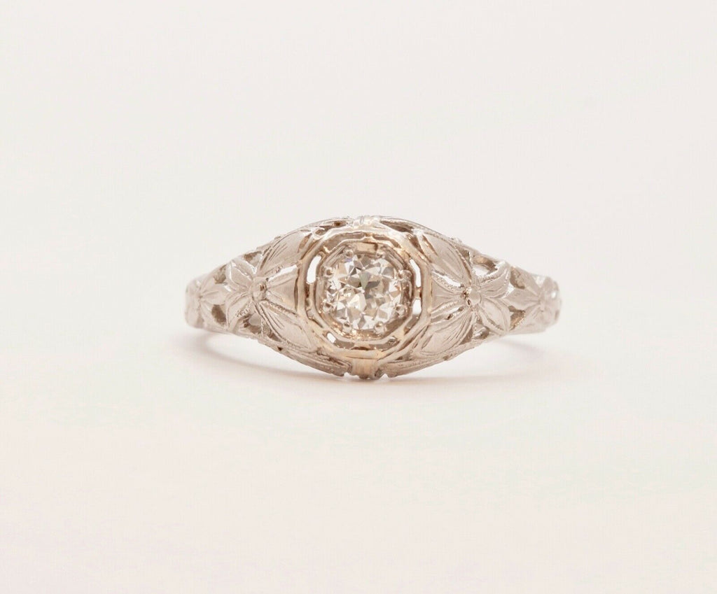 Art Deco Diamond Carved Flowers Platinum Ring