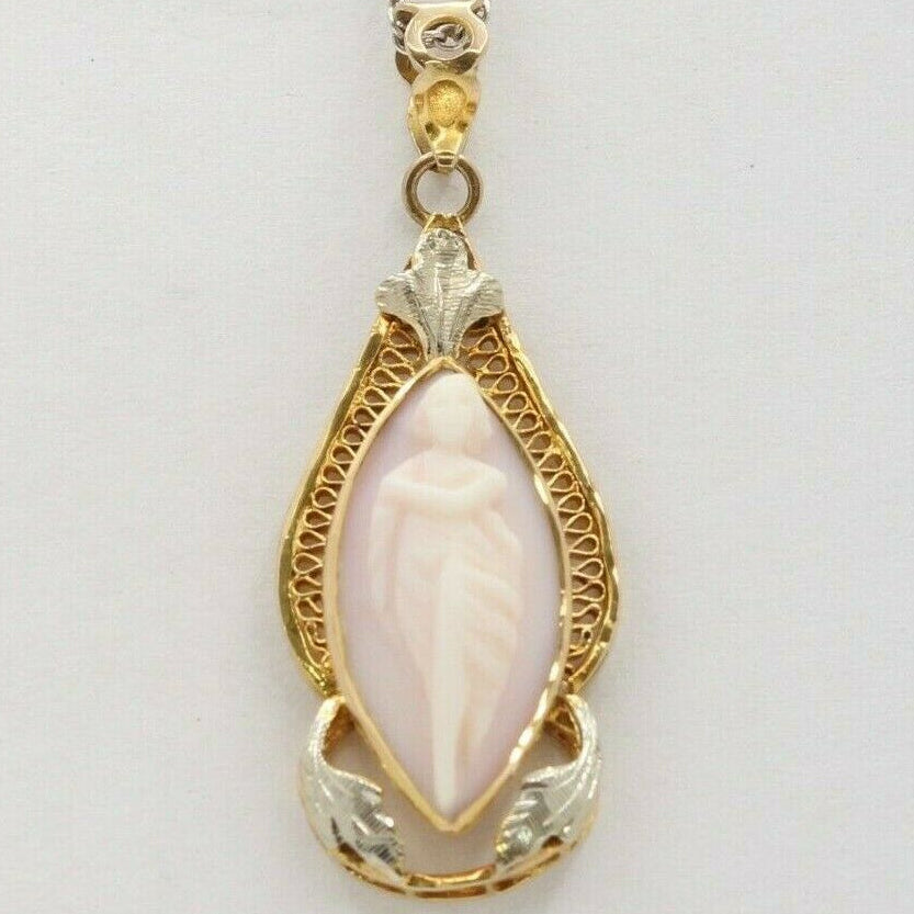Art Nouveau 10K Yellow Golld & White Gold Carved Coral  Cameo  Pendant