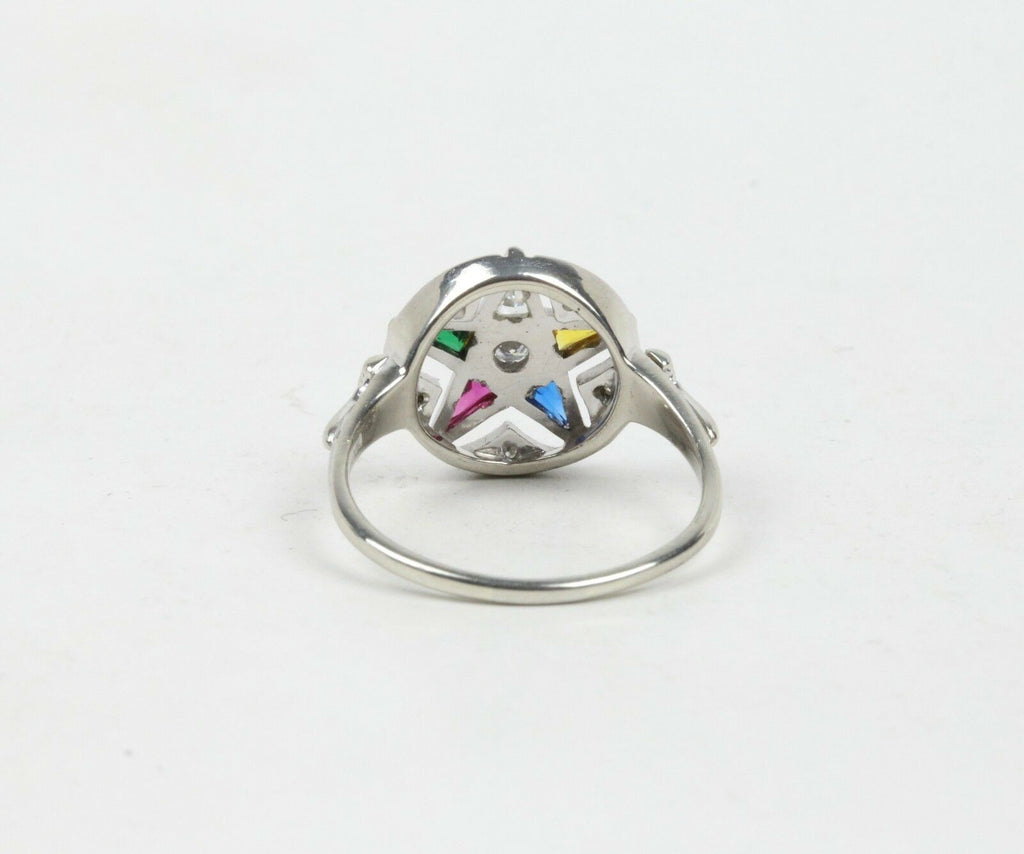 Art Deco Eastern Star 14K White Gold Diamonds Ruby Emerald Sapphire Topaz Ring