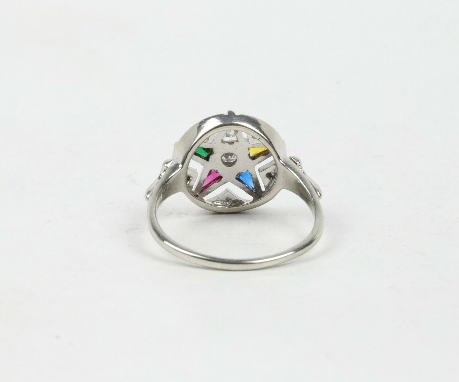 Art Deco Eastern Star 14K White Gold Diamonds Ruby Emerald Sapphire Topaz Ring