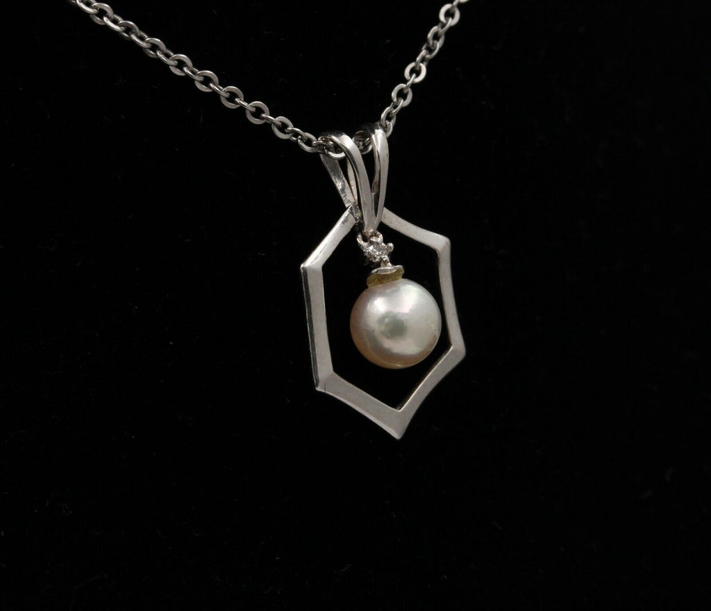 Estate 14K White Gold 6.5 mm Pearl Pendant, Bridal Jewelry.