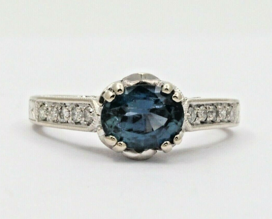 Vintage Art Deco Inspired 14K White Gold Sapphire Diamond Alternative Engagement Ri