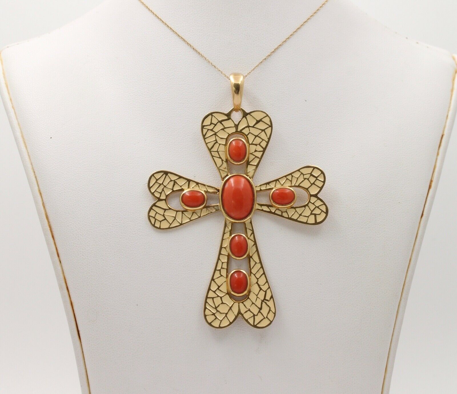 Vintage Italian Large 18K Yellow Gold Coral White Enamel Cross Pendant, Necklace