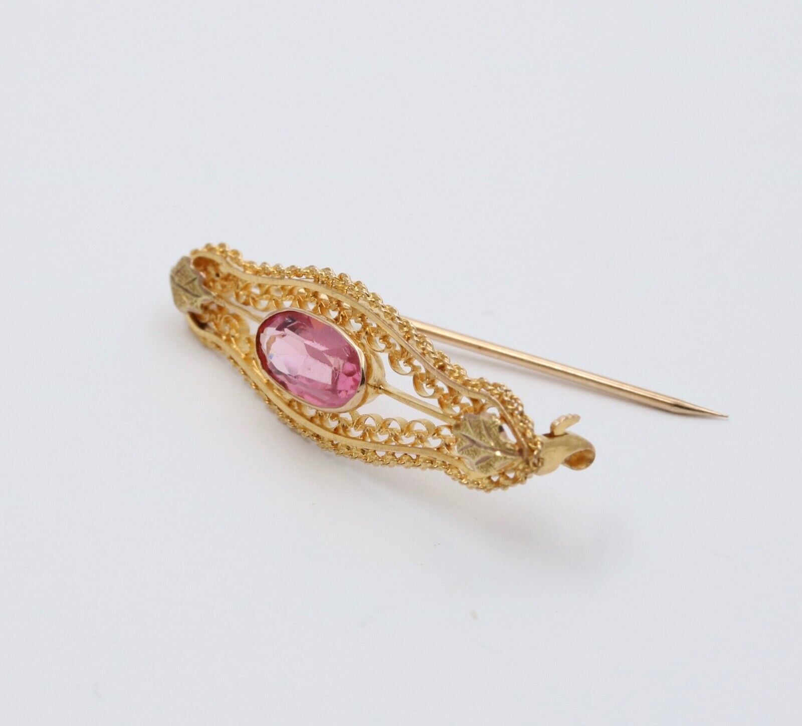 Vintage Pink Tourmaline 10K Yellow Gold Brooch Pin