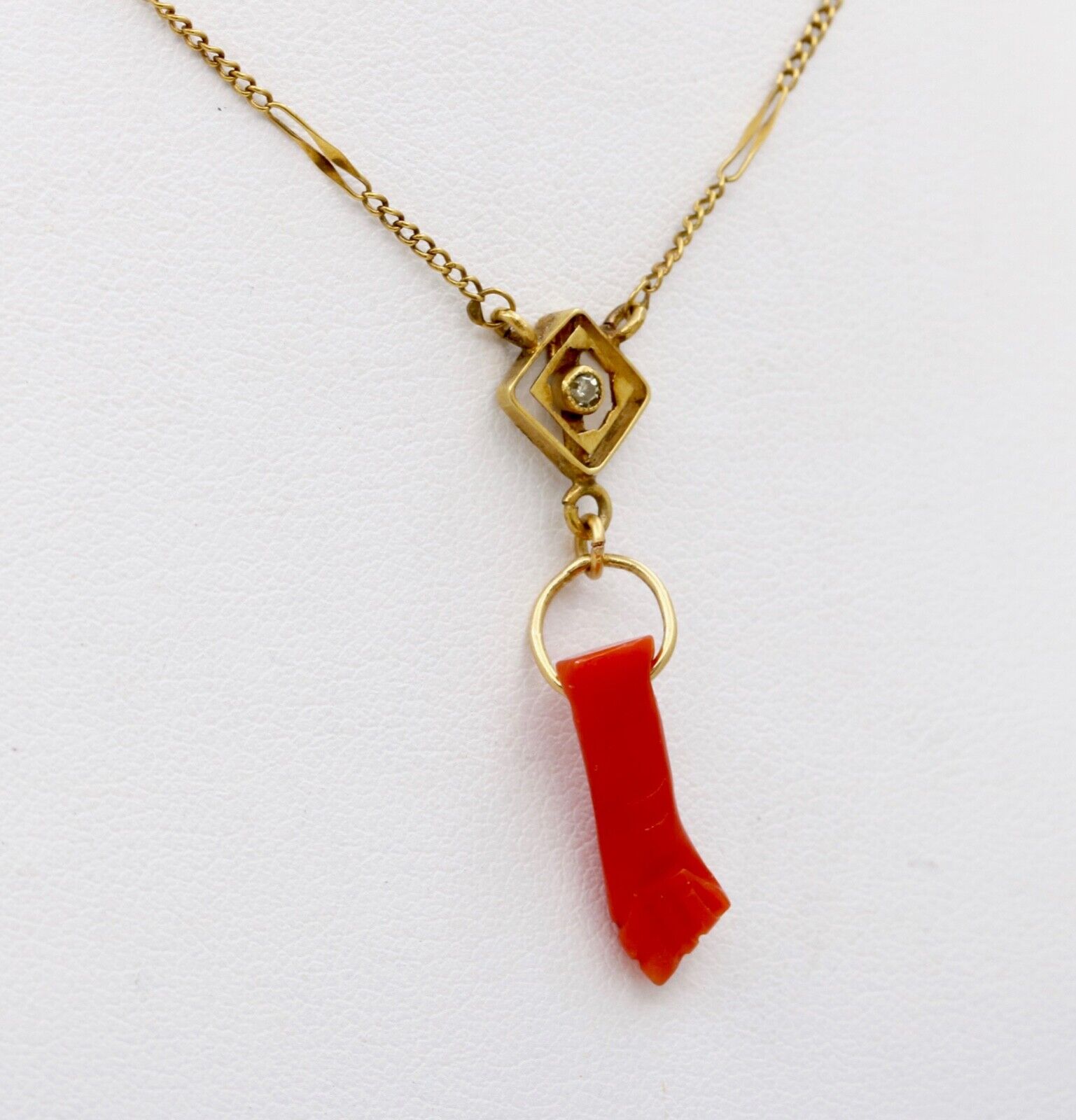 Vintage 14K Gold Diamonds Coral Figa Pendant Necklace