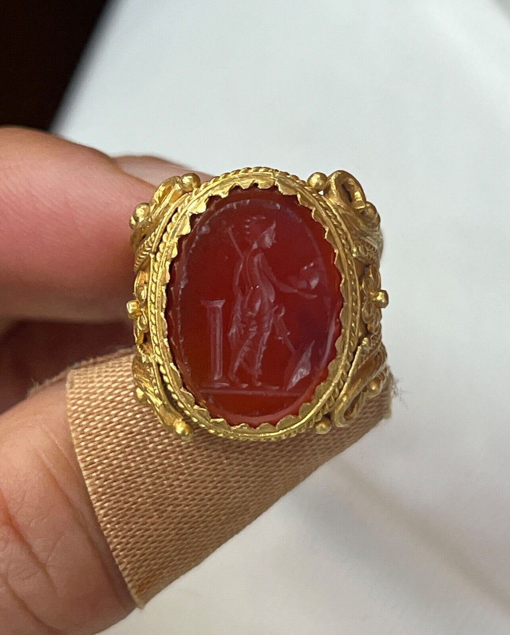 Vintage 22K Yellow Gold Carved Greek Narcissus Intaglio Carnelian Signet.