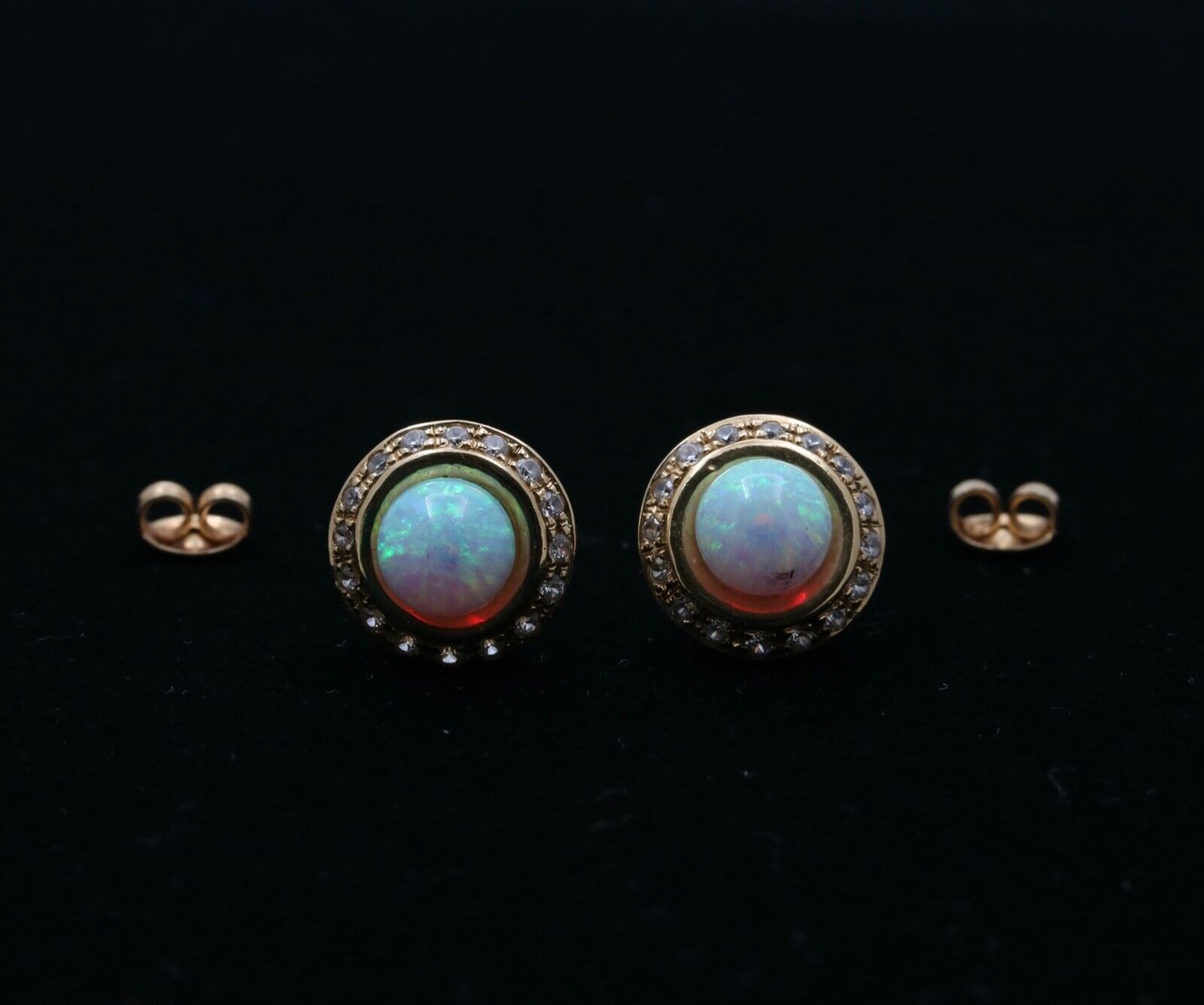 Vintage 14K Gold Opal, Diamond Halo Studs Earrings.