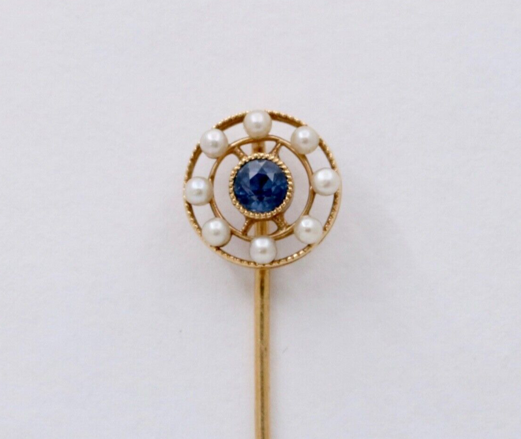 Antique Art Deco Sapphire and Pearl 14K Yellow Gold Stick Pin