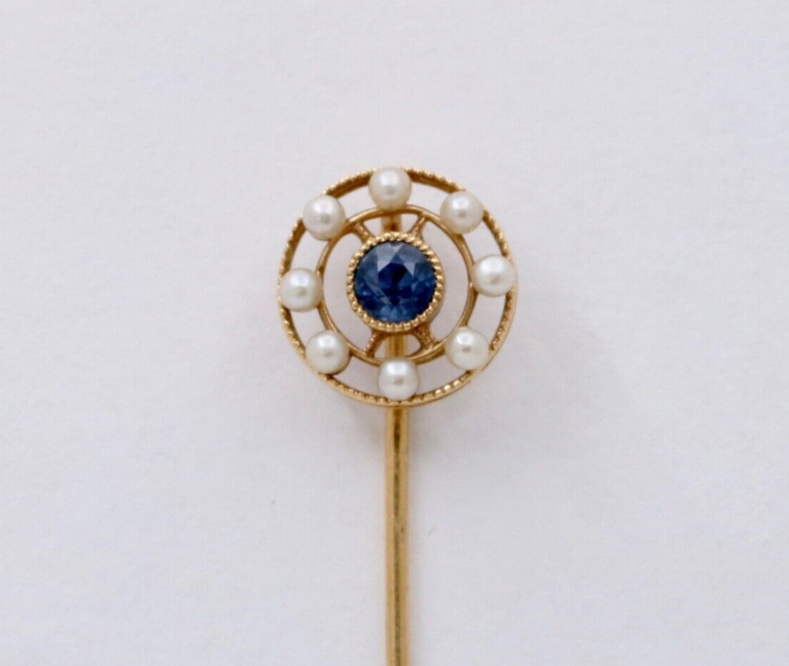 Antique Art Deco Sapphire and Pearl 14K Yellow Gold Stick Pin