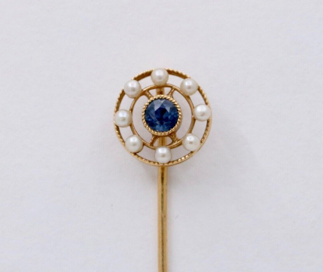 Antique Art Deco Sapphire and Pearl 14K Yellow Gold Stick Pin