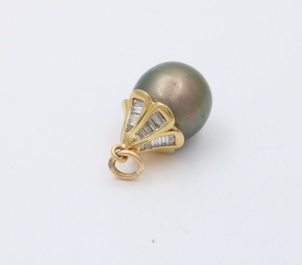 Vintage 18K Yellow Gold Baroque Black South Sea Pearl Diamond Pendant, Necklace