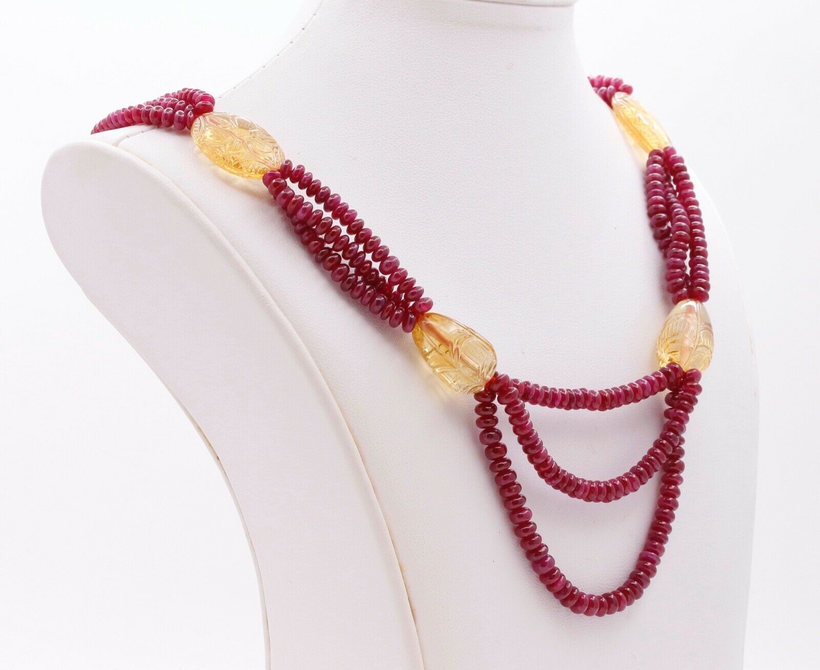 Vintage Ruby Citrine Pearls 18K Yellow Gold Bead Strand Necklace