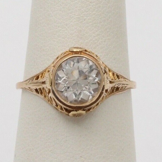 Antique Art Deco Paste Filigree 14K Yellow Gold Ring, Engagement Ring