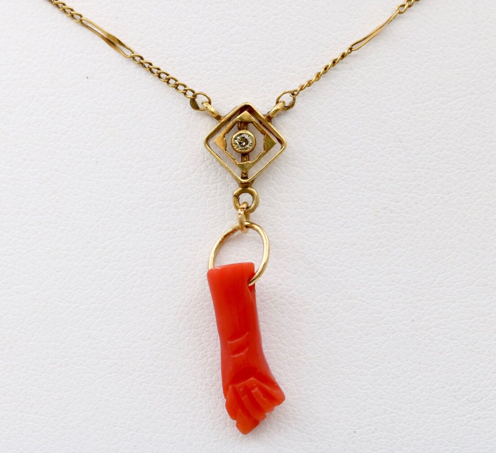 Vintage 14K Gold Diamonds Coral Figa Pendant Necklace