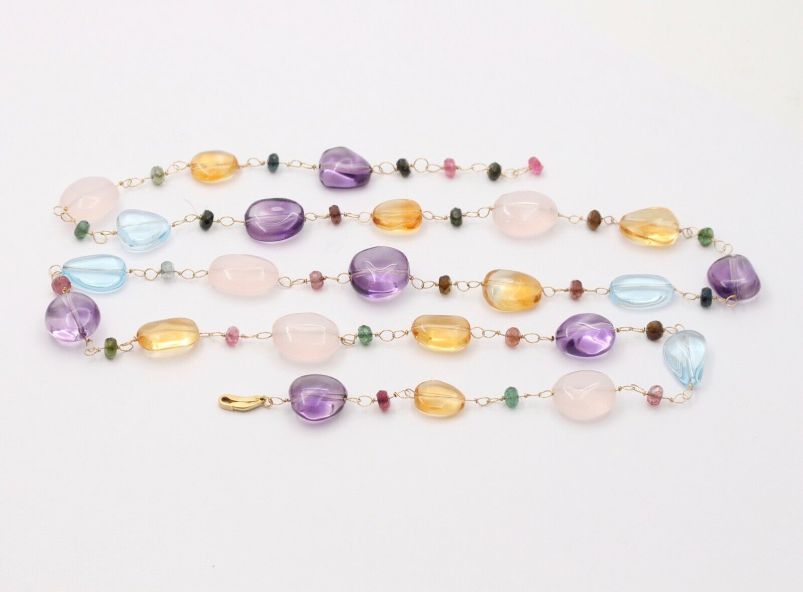 Colorful 14K Yellow Gold Beaded Multi Color Gemstone Necklace.