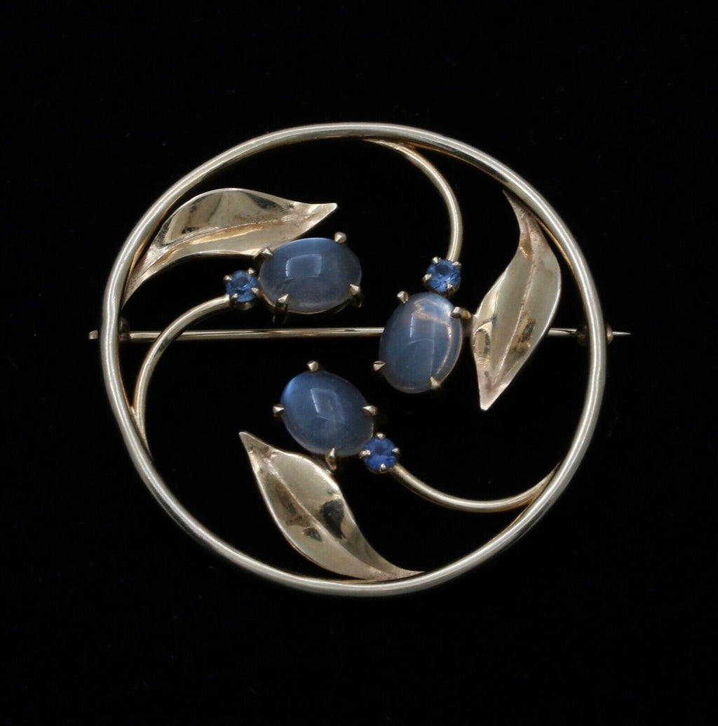 Vintage Moonstones Sapphires 14K YG Flower Brooch