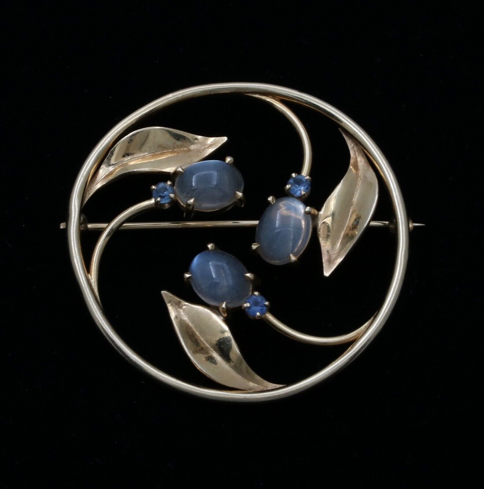 Vintage Moonstones Sapphires 14K YG Flower Brooch