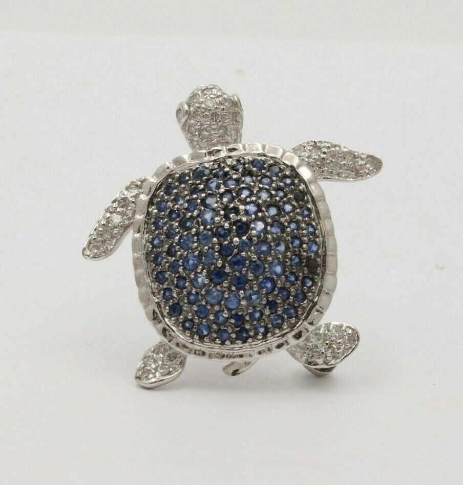 Sapphire & Diamond Turtle 14K White Gold Brooch Pendant