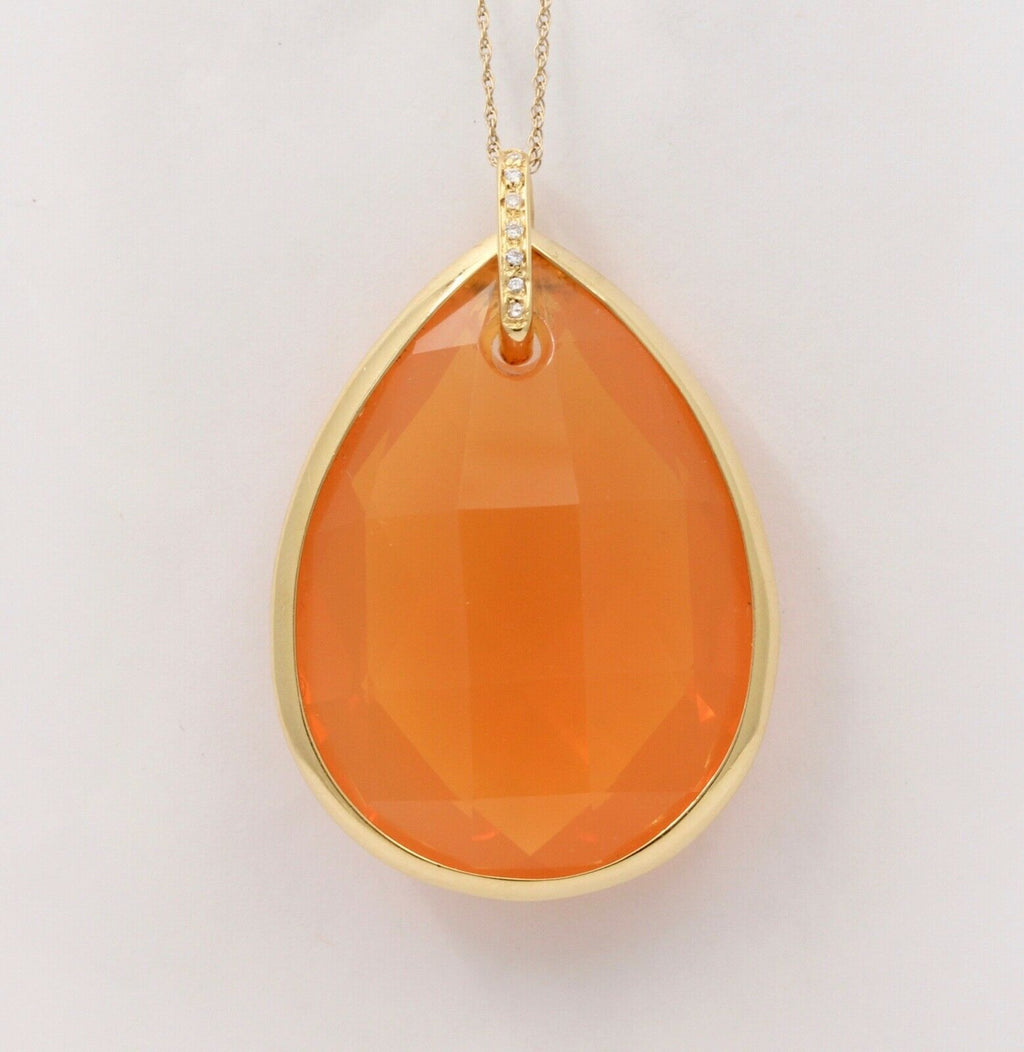 Large Checkerboard Cut Approx 50 Carats Fire Opal Diamond Pendant, Necklace.