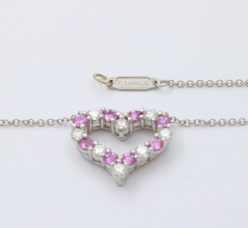 Tiffany and Co. Heart Pendant and Chain Diamonds Pink Sapphires Platinum