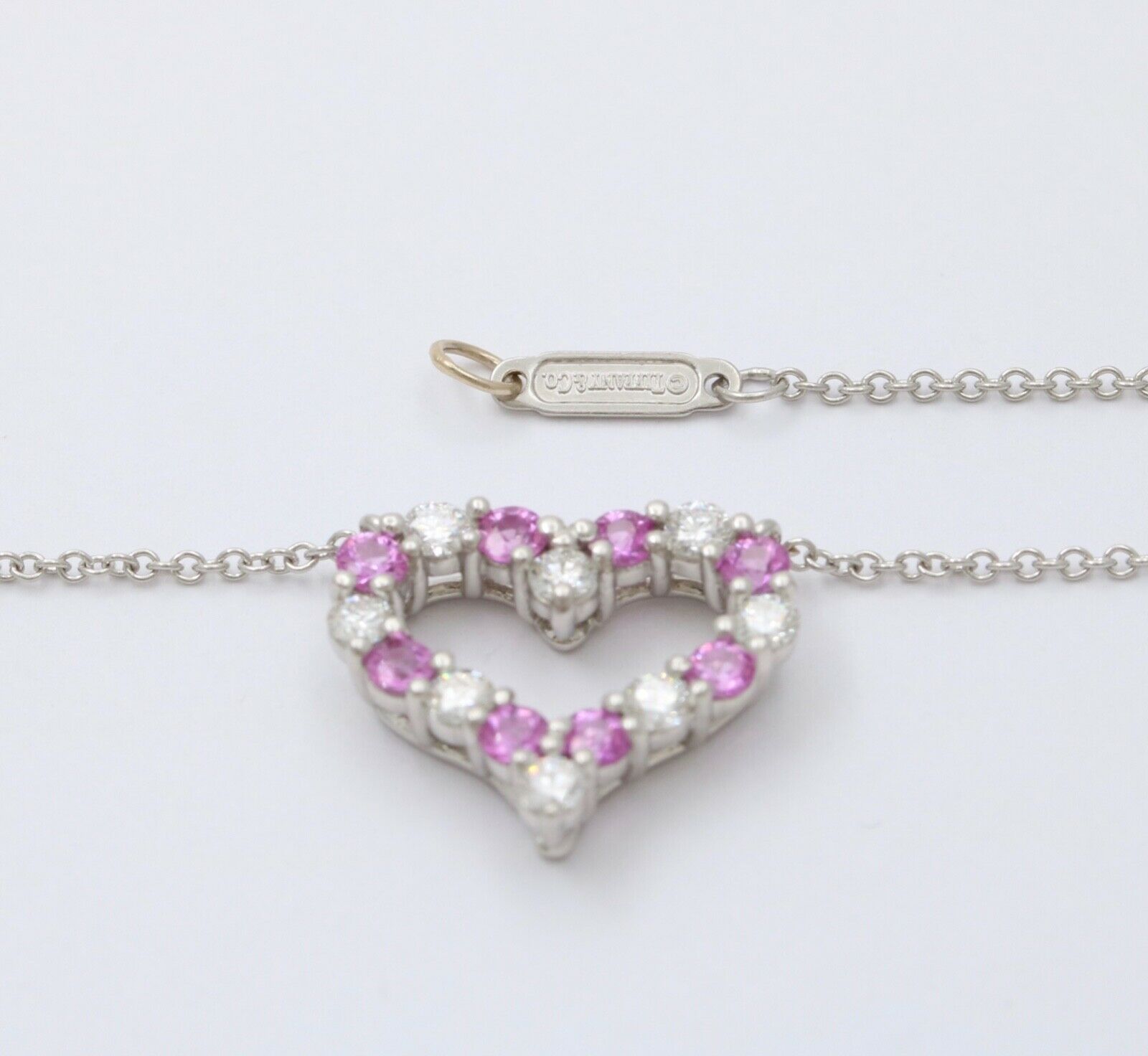 Tiffany and Co. Heart Pendant and Chain Diamonds Pink Sapphires Platinum