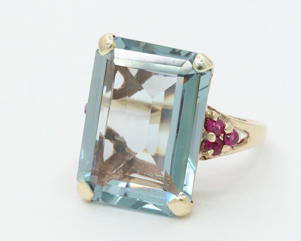 Retro 14K Rose Gold 22.60 Carat Aquamarine Ruby Ring