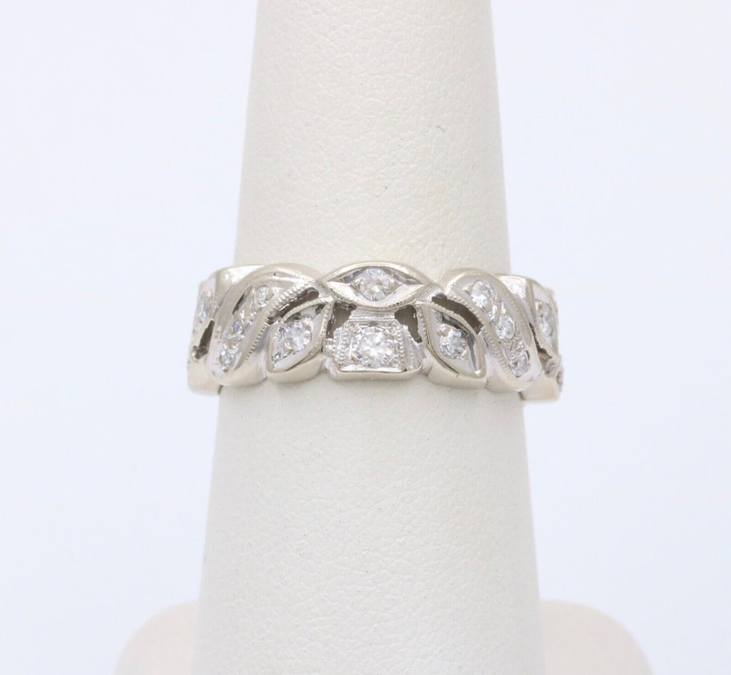 Art Deco 14K White Gold Diamond Ring Band, Wedding Band