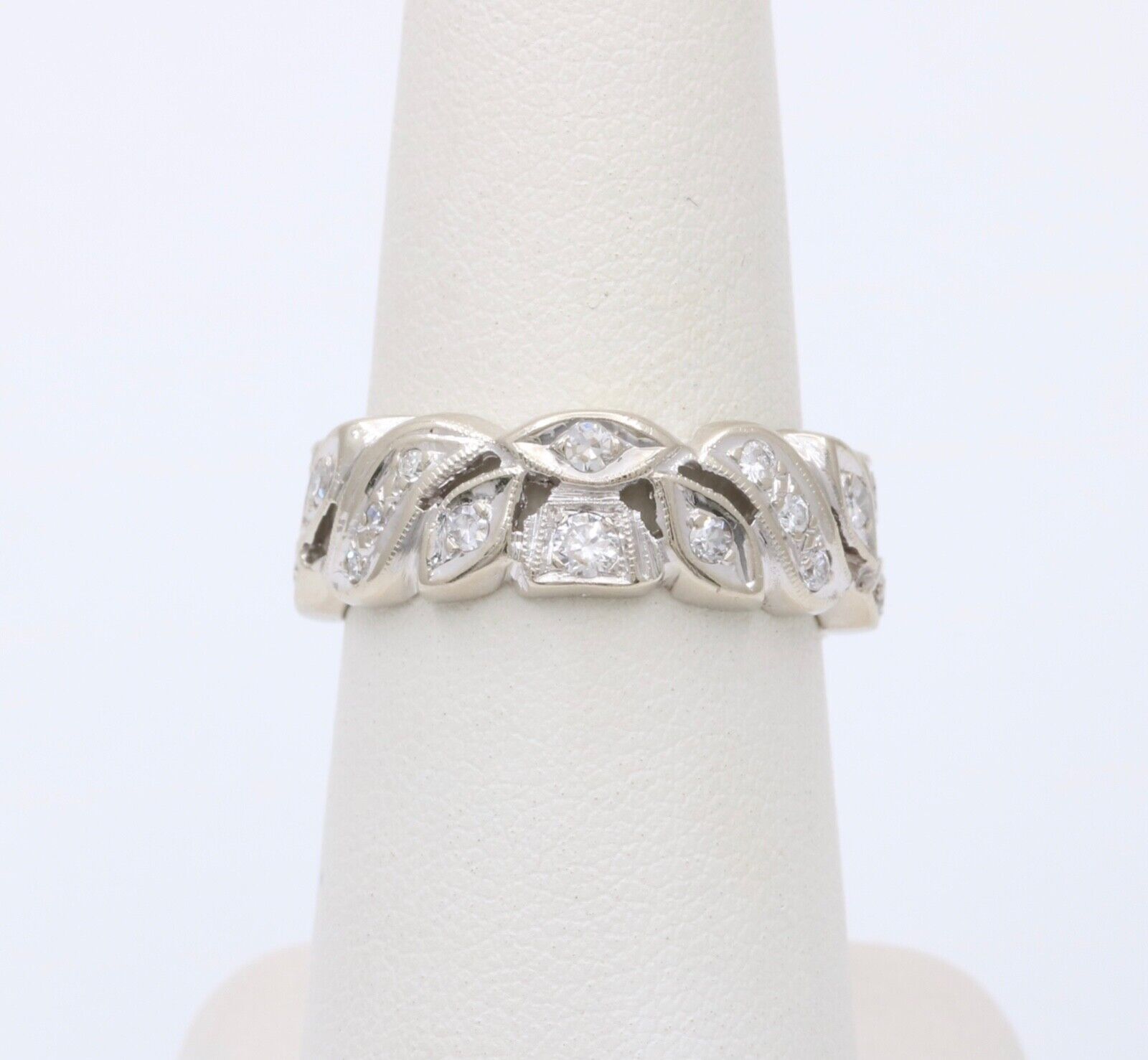 Art Deco 14K White Gold Diamond Ring Band, Wedding Band