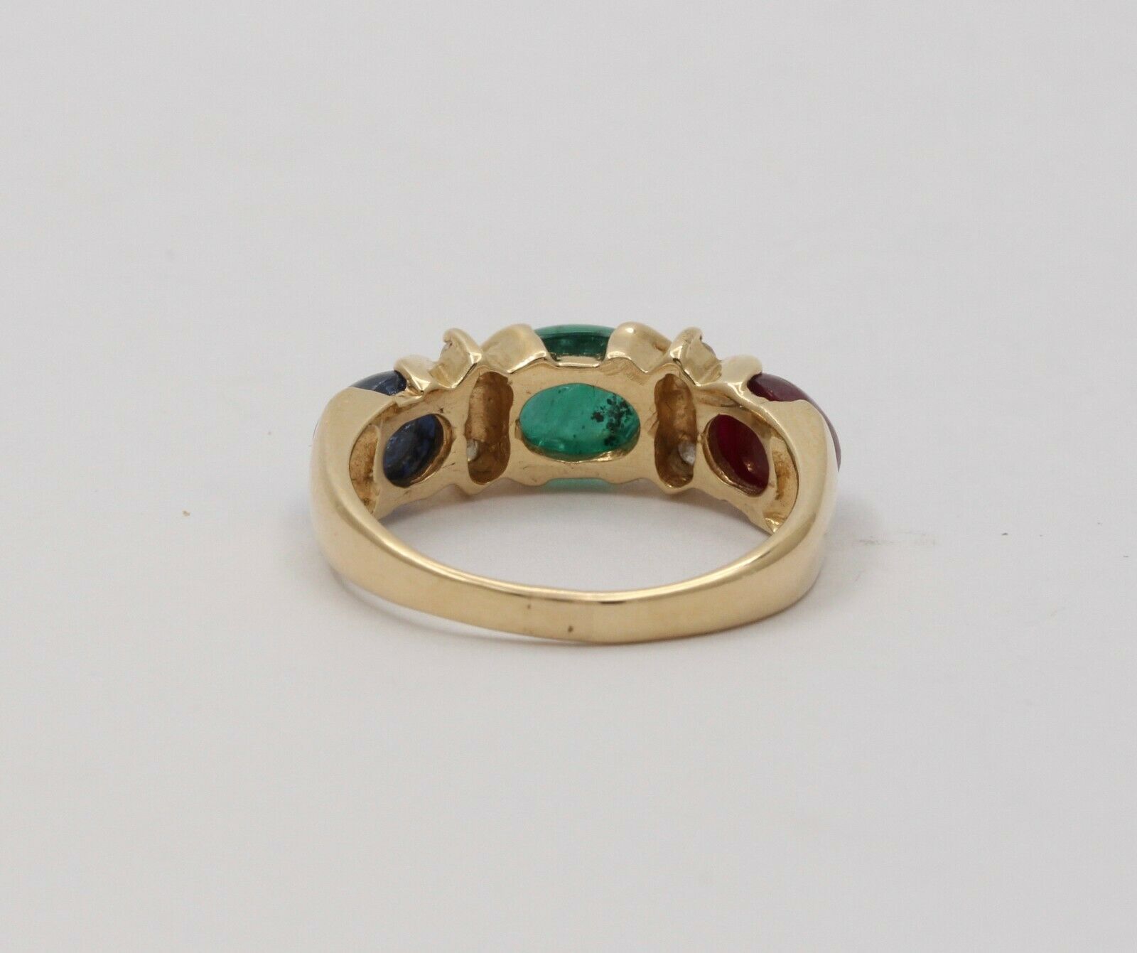Vintage Three Stones Cabochon Emerald, Ruby And Sapphire 14K Yellow Gold Ring