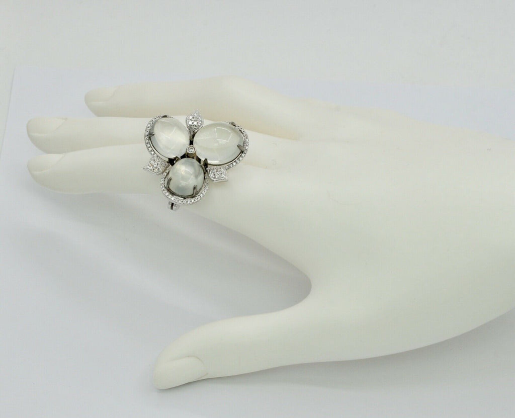 Beautiful 18K White Gold Moonstones Diamonds Ring