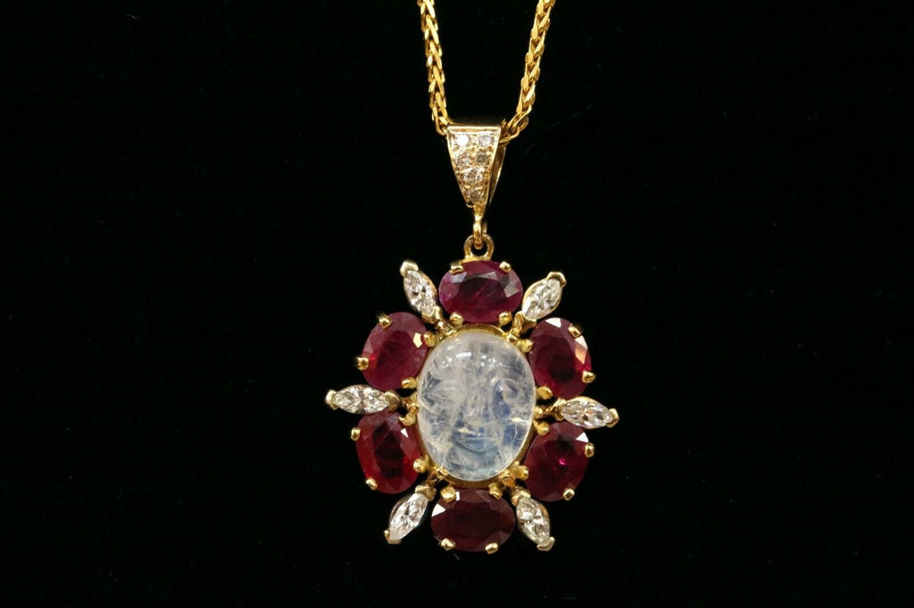 Vintage Man on the Moon Moonstone Rubies Diamonds Gold Over Silver Pendant