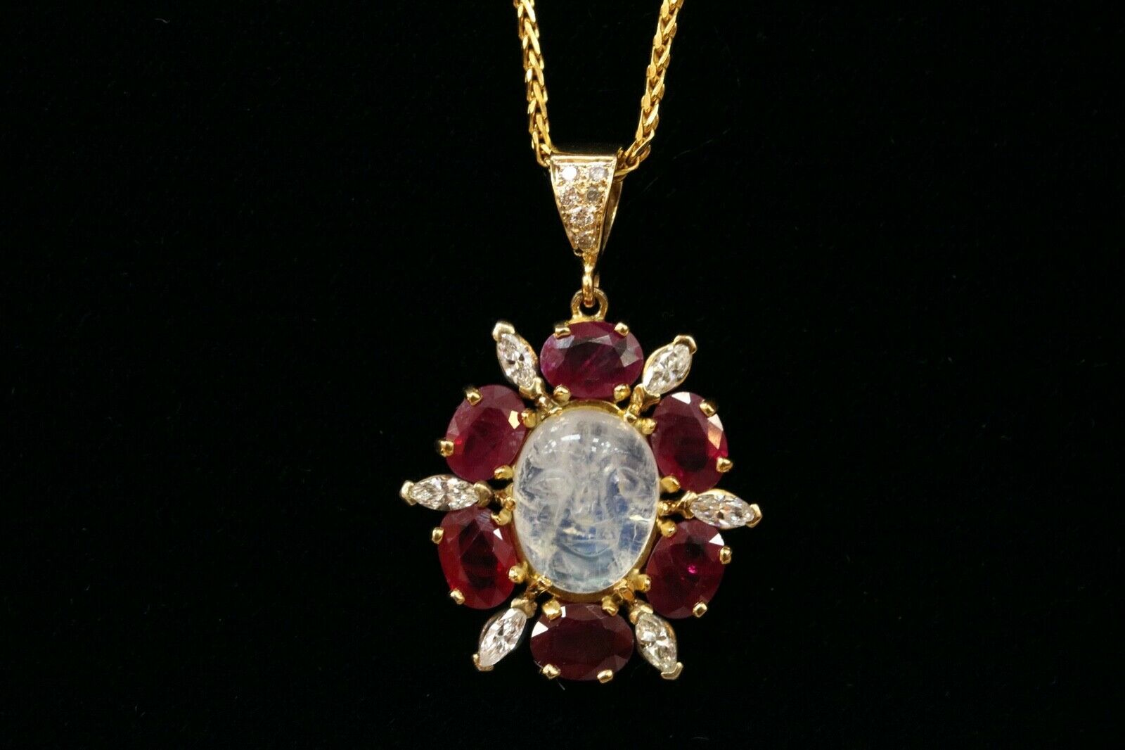 Vintage Man on the Moon Moonstone Rubies Diamonds Gold Over Silver Pendant