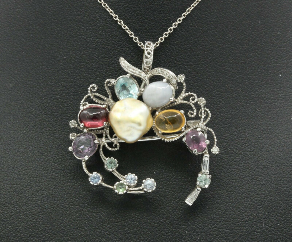 Vintage 18K White Gold Multi-Gemstone Diamond Brooch Pendant
