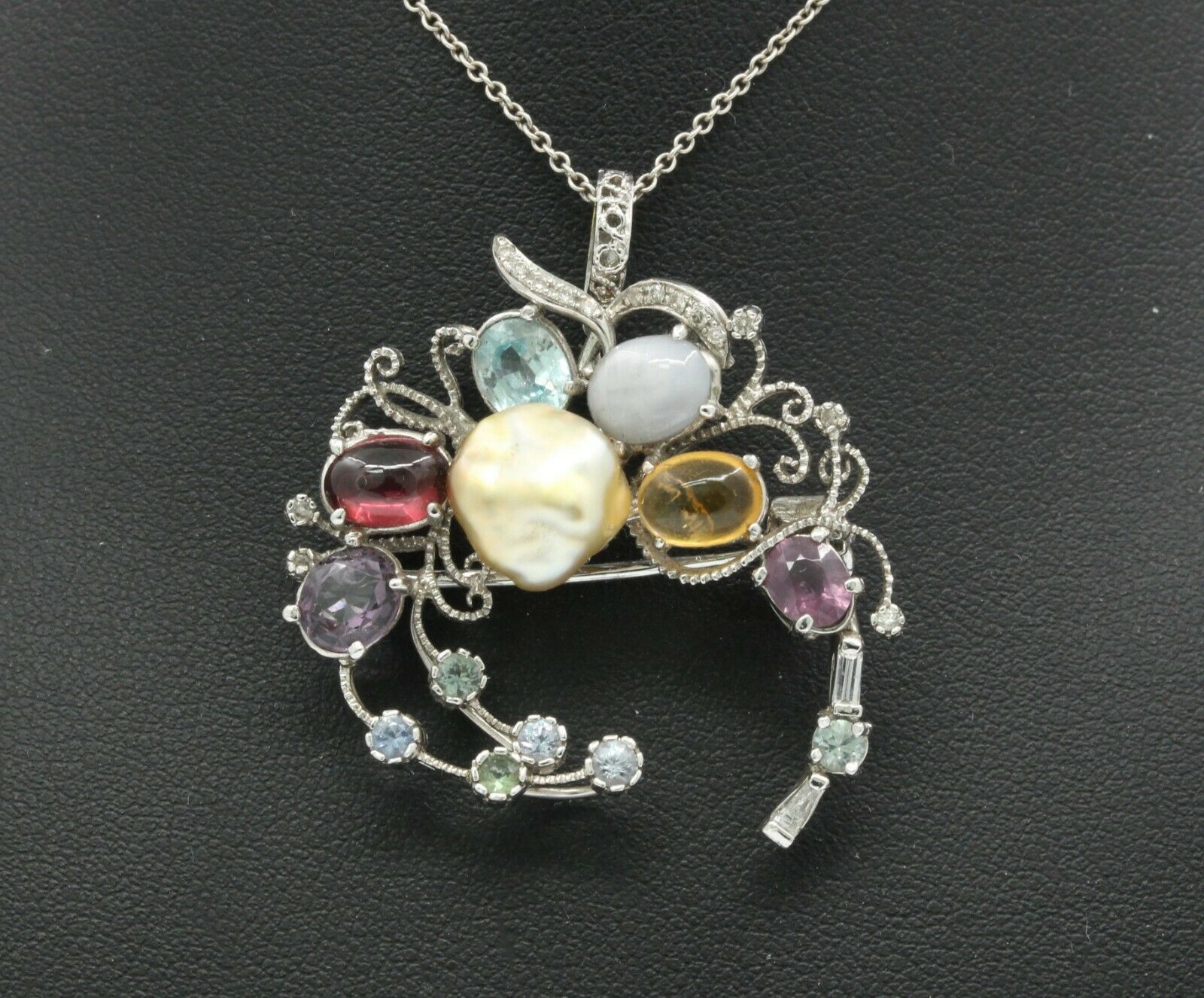 Vintage 18K White Gold Multi-Gemstone Diamond Brooch Pendant