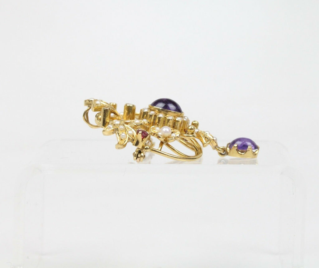 Victorian Ladies Brooch Pin Pendant Rubies Tourmaline Seed Pearls Amethyst