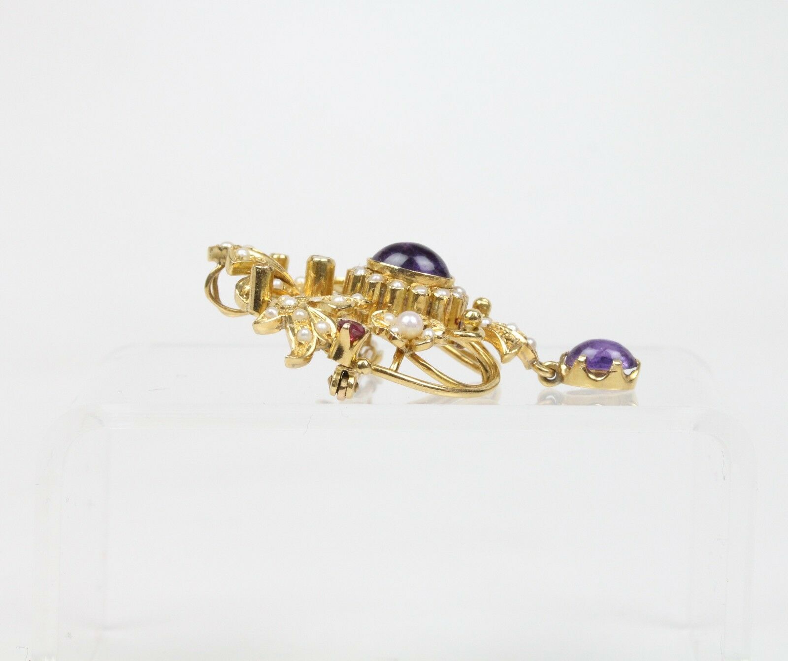 Victorian Ladies Brooch Pin Pendant Rubies Tourmaline Seed Pearls Amethyst